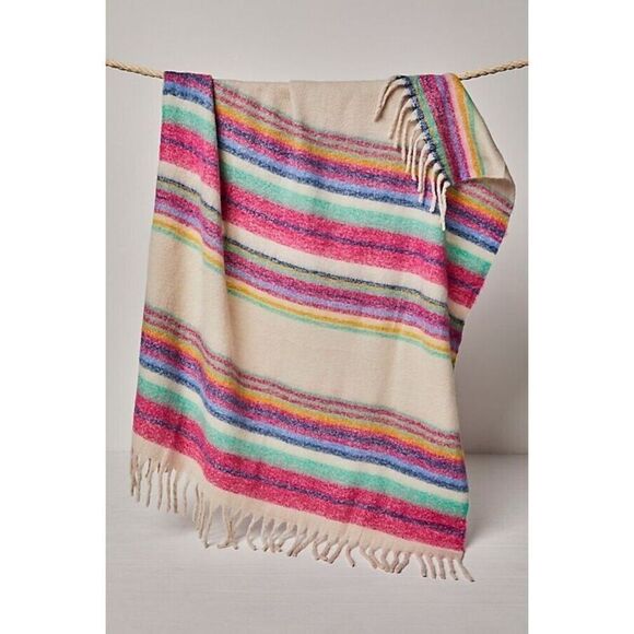 Free People Women's One Size Ivory Multi Striped Fringe Throw Blanket - Picture 7 of 7